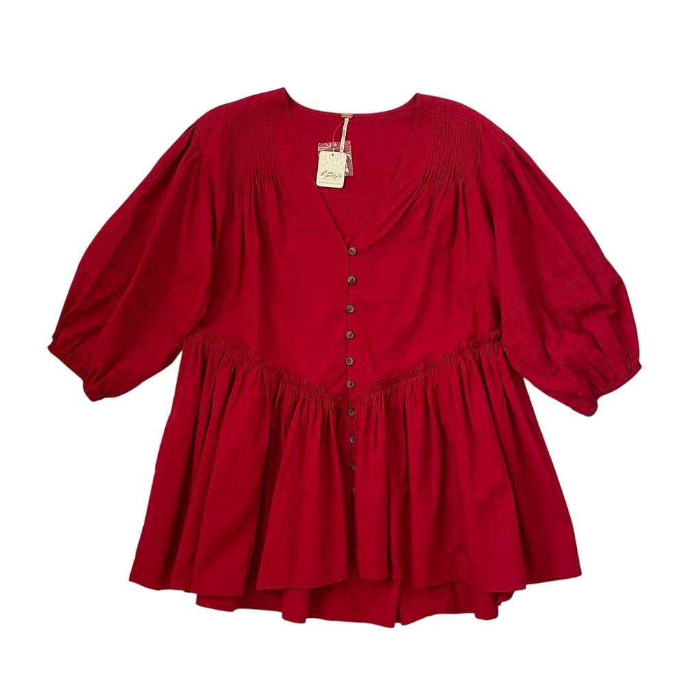 NWT Free People Balloon Sleeve Peplum Blouse/Tunic - Mini Dress - Red - Size M